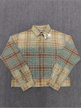 Vale Studded Flannel Shirt Jacket - Green & Tan